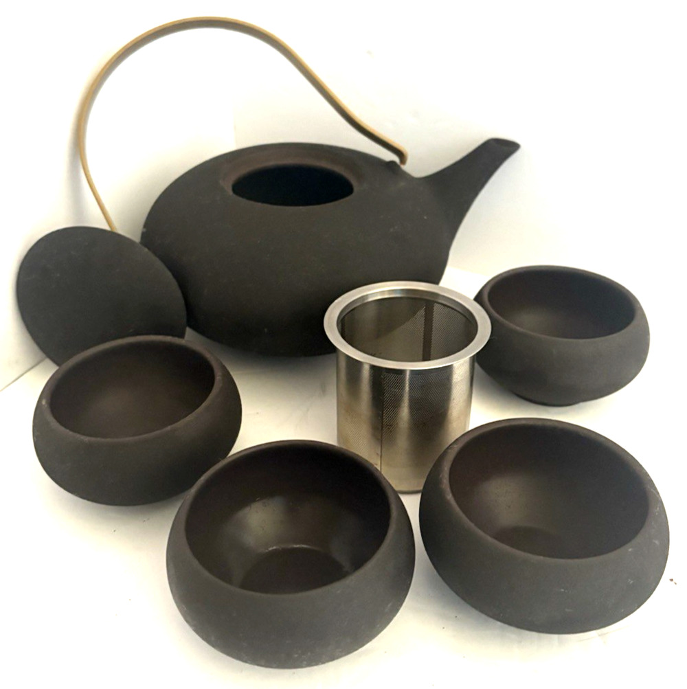 Teavana Stoneware China Teapot & 4 Tea Cups Set Dark Gunmetal Gray Pot Green Tea